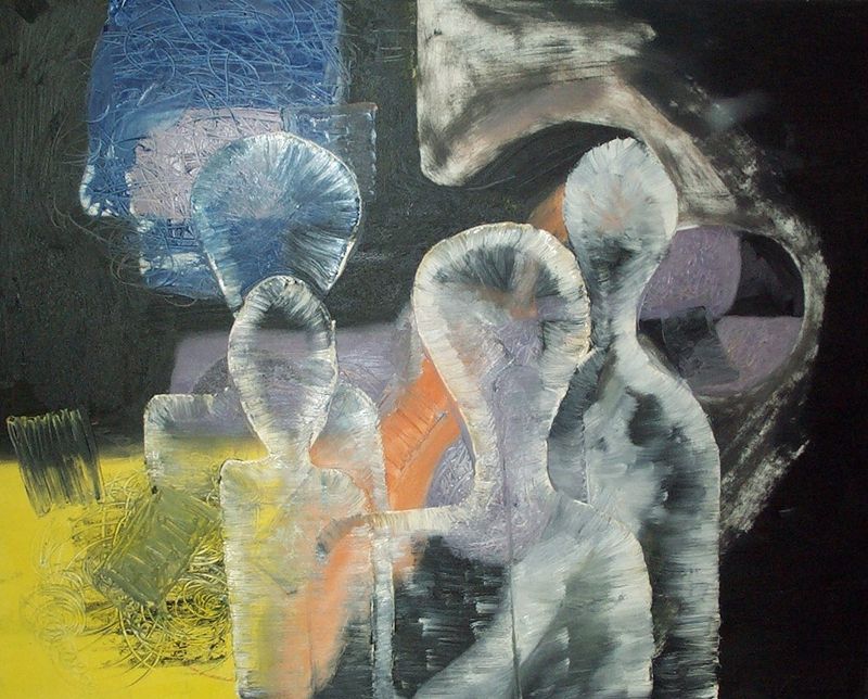 Alex Arnold - Vier Aliens (Traumgestalten). 1999. &Ouml;l auf Leinwand.